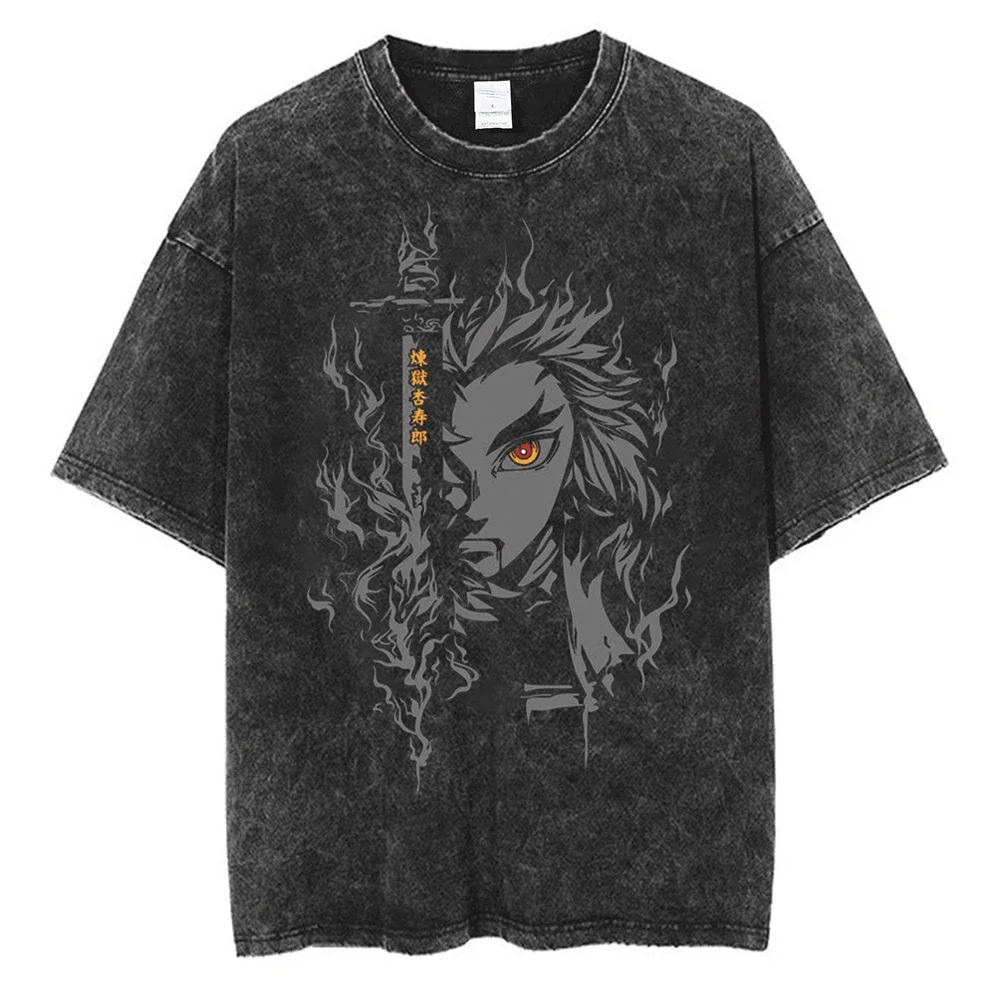 

Harajuku Streetwear Black Washed T-Shirt Anime Demon Slayer Graphic T Shirt Summer Cotton Tshirt Men Short Sleeve Vintage Tees