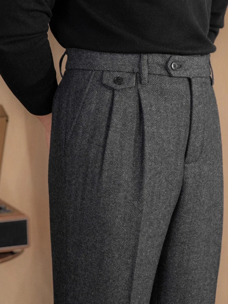 Italian Vintage Suit Pant For Men Autumn Winter Wool Herringbone Pattern Straight Trousers British Style Business Casual Pants