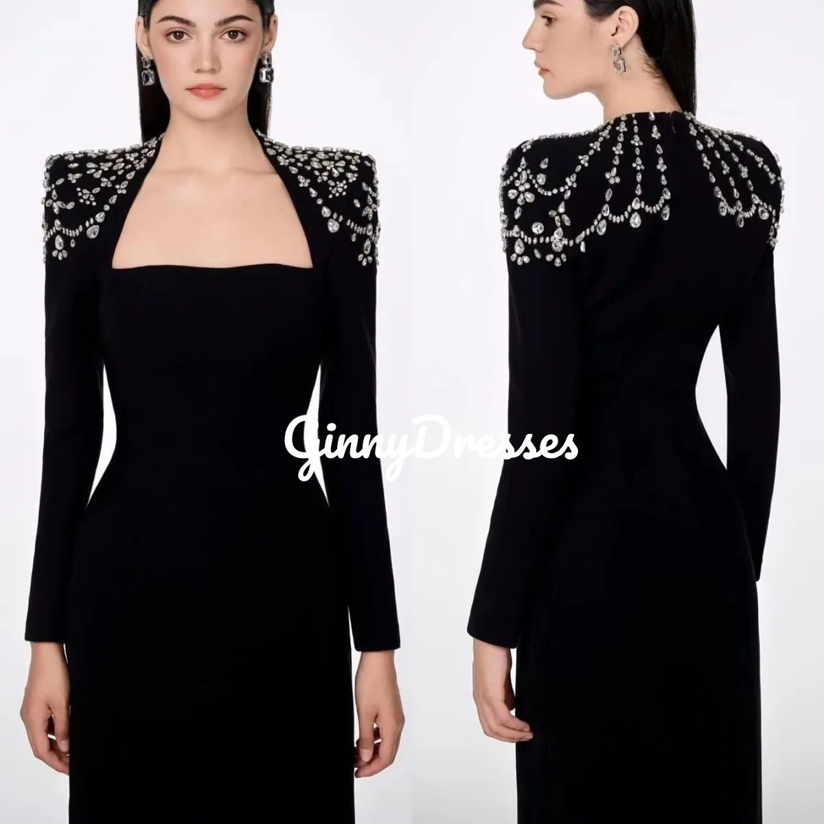 

فساتين سهرة Customize Black Column Square Neckline Floor-Length Beaded Dresses For Special Events Zipper Up Long Sleeves Dresses