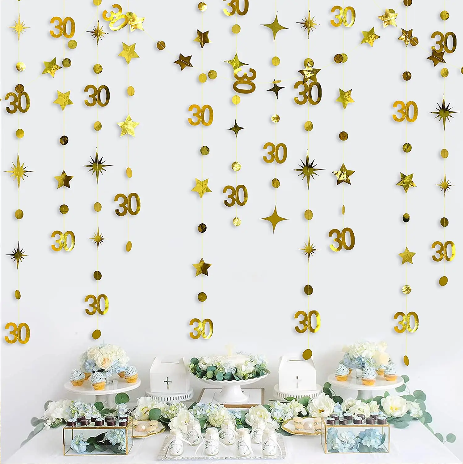 Gold 30th Happy Birthday Party Paper Banners Decorations Number 30 Year Old Circle Dots Twinkle Star Garlands Hanging Backdrops