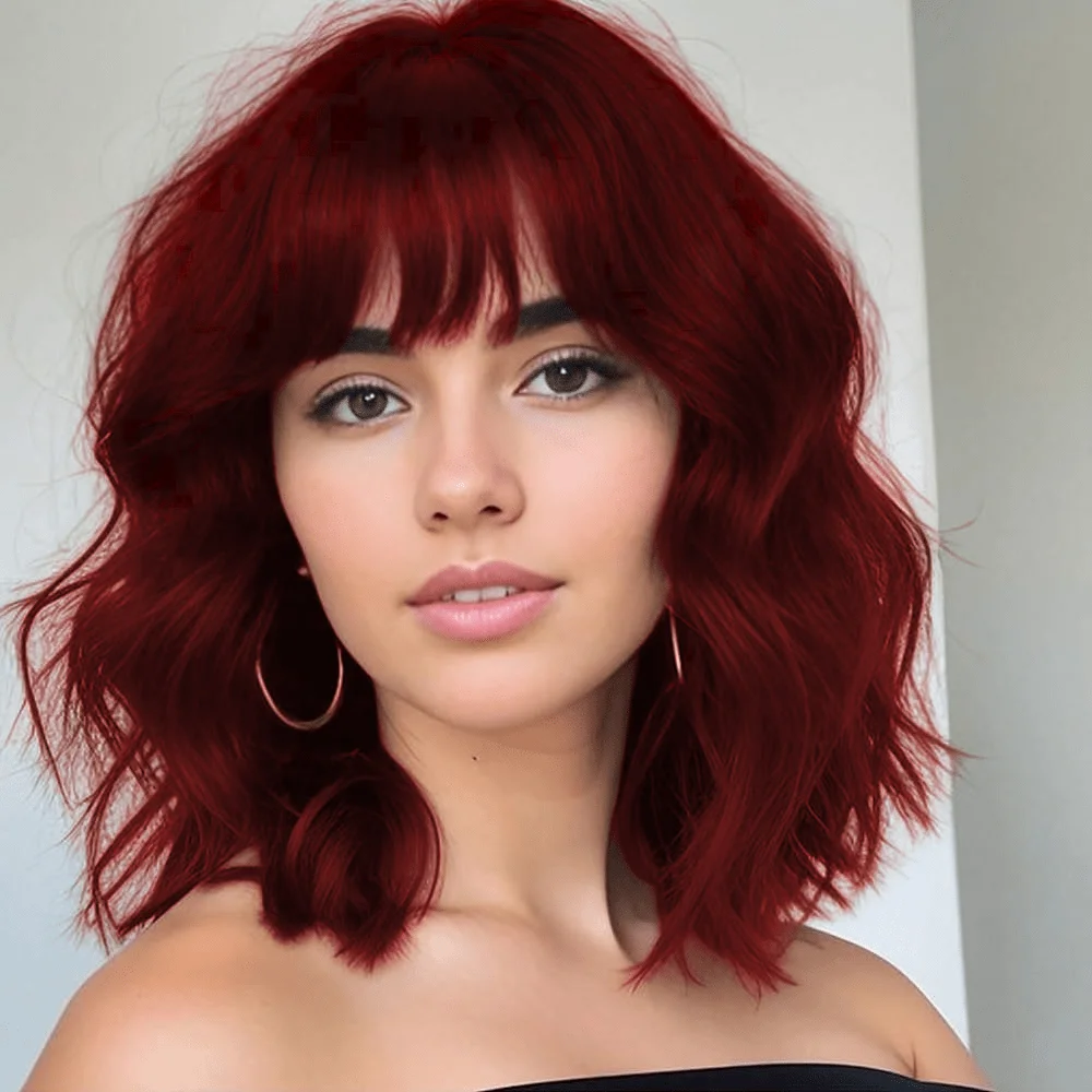 

Red Wig with Bangs Short Wavy Wigs for Women Curly Bob Style Wear and Go Natural Synthetic Wigs for Halloween Costumes Cosplay D