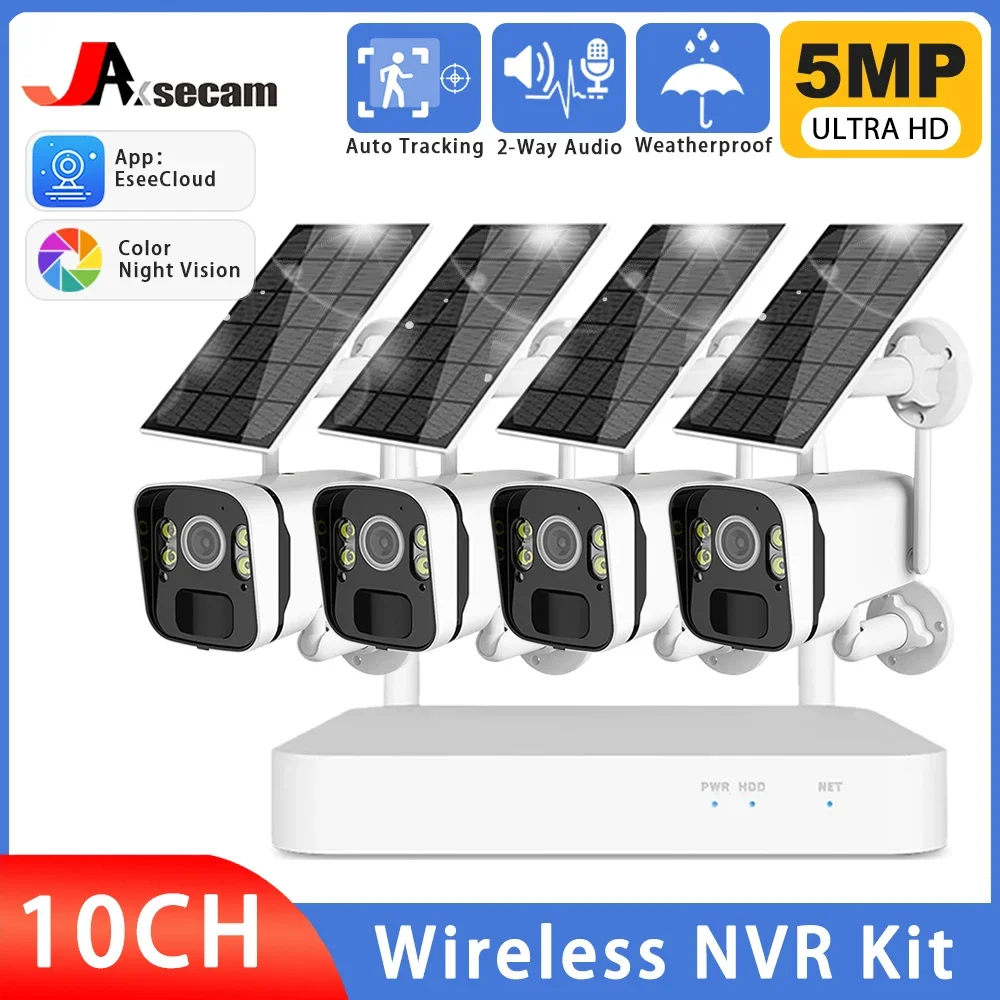 10ch 5mp Wifi Nvr 4mp Zonne-Energie Draadloze Camera Kit Externe Toegang Ingebouwde Batterij Laag Stroomverbruik Netwerk Cctv Camera