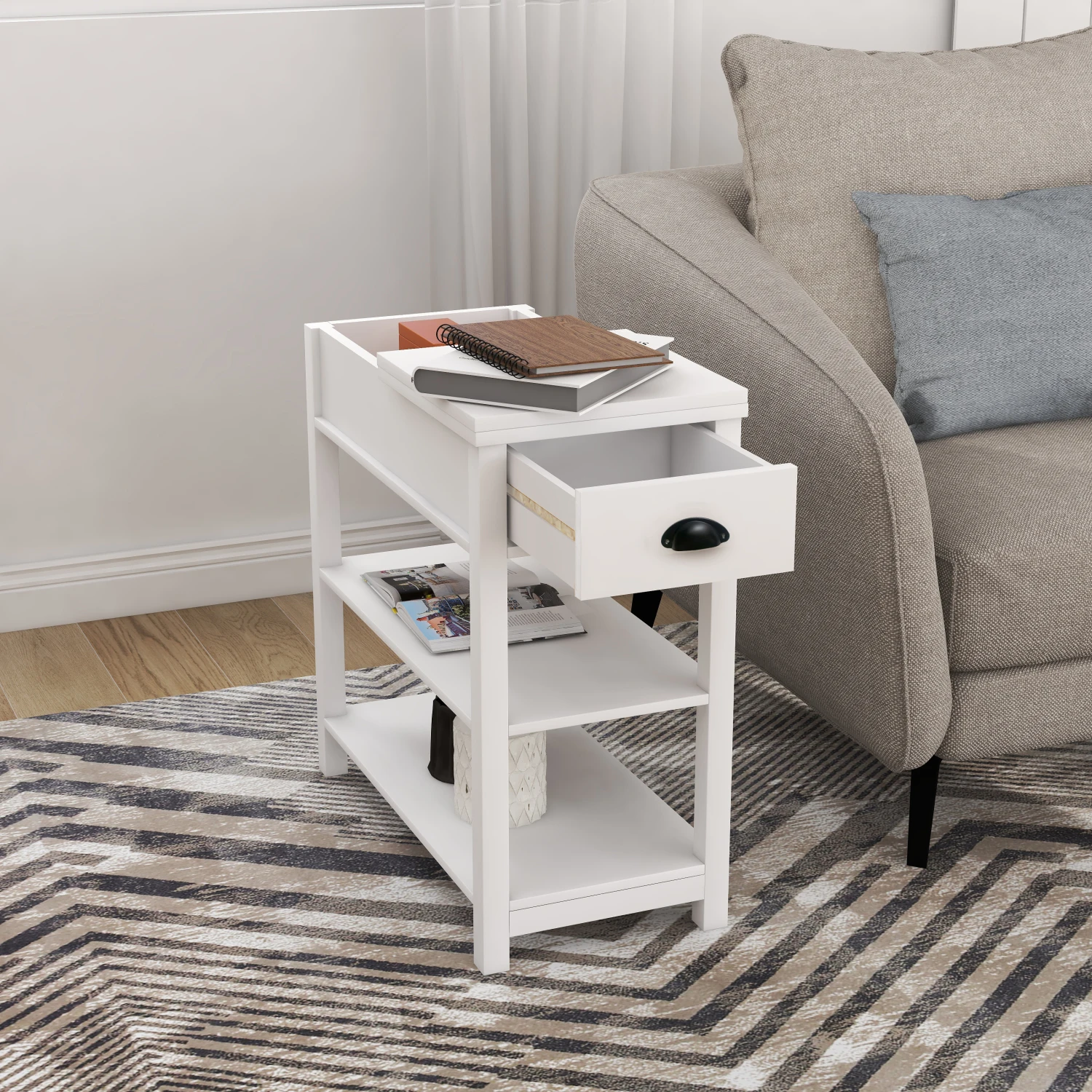 

Narrow Sided Table with Drawers and Bottom Partition in Flip Over Design -White