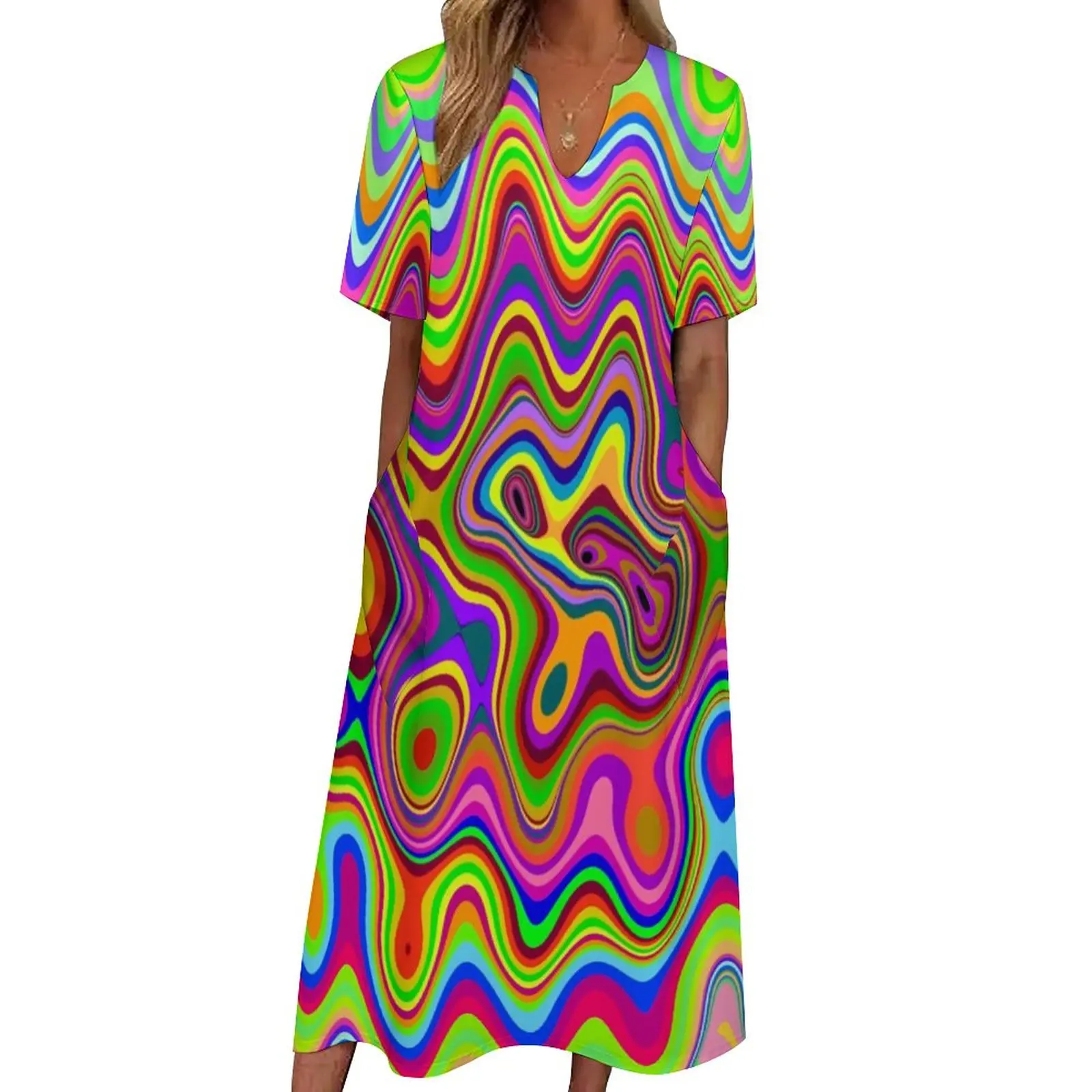 Psychedelic Glowing Dress Abstract Liquid Print Kawaii Maxi Dress Aesthetic Boho Beach Long Dresses V Neck Graphic Clothing