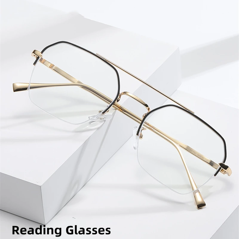 Classical Brand Design Male Square Metal Half-Frame Eyeglasses Photochromic Anti Blue Ray Prescription Men Reading Glasses 0~+6
