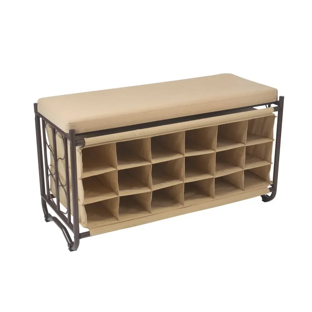 

Shoe Cabinets, 3 Tier 18 Pair Shoe Rack and Bench in Tan with Bronze Metal Frame, Tan, Shoe Cabinet