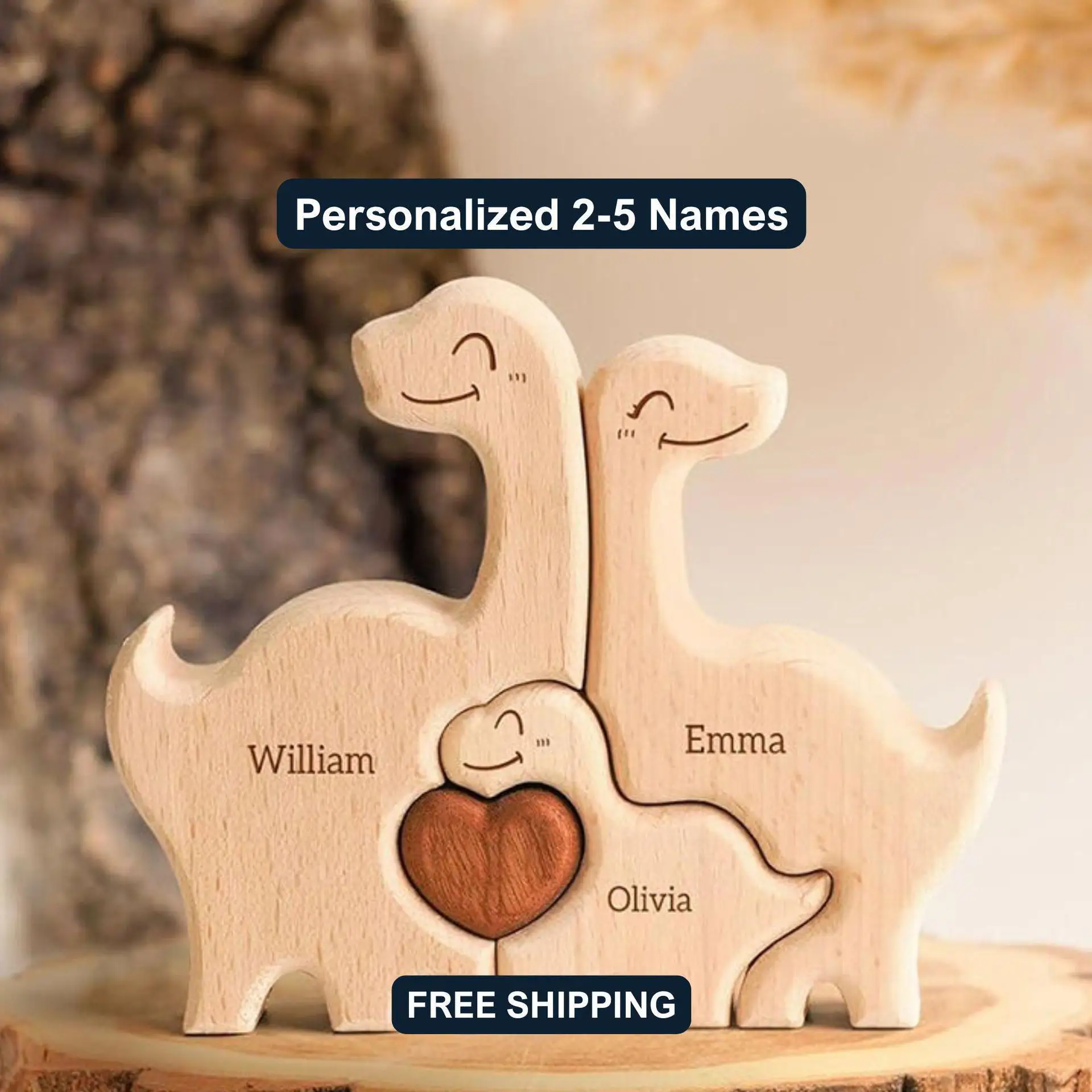 Custom Dinosaur Shaped Wooden Family Art Puzzle Personalized Carving Unique Home Decor Trendy Gift for Family Members Kids Room