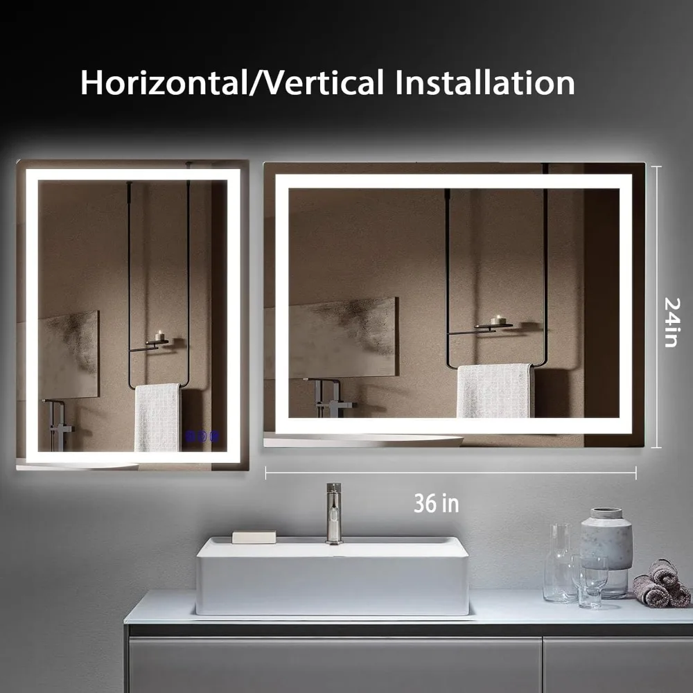 مرآة حمام ذكية مضيئة بإضاءة LED، شاشة لمس مثبتة على الحائط مقاس 36 × 24، مرآة زينة قابلة للتعتيم مع تعديل ضوء بدون خطوات