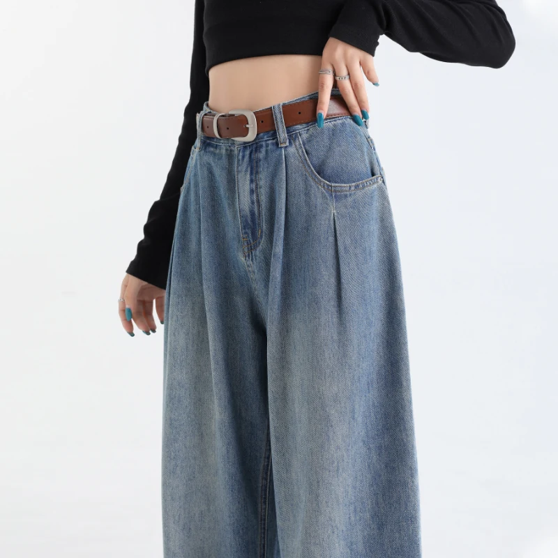 

Джинсы с высокой талией в американском стиле, широкие, свободного кроя, с плиссировкой, прямые, удлиненные, для женщин