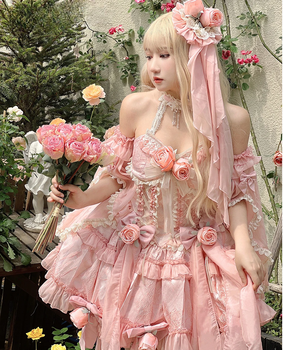 Lolita Sweet Girl Jacquard Rose Fishbone Dress Slim Women's Halter Pink Flower Ball Gown Party Dresses