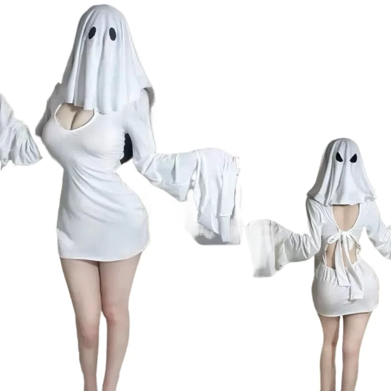 QQ Cosplay Costume Princess Holiday Dressing Slim Anime Sexy Women Ghost Bride Backless Dress Mask Halloween Party FishtailSkirt