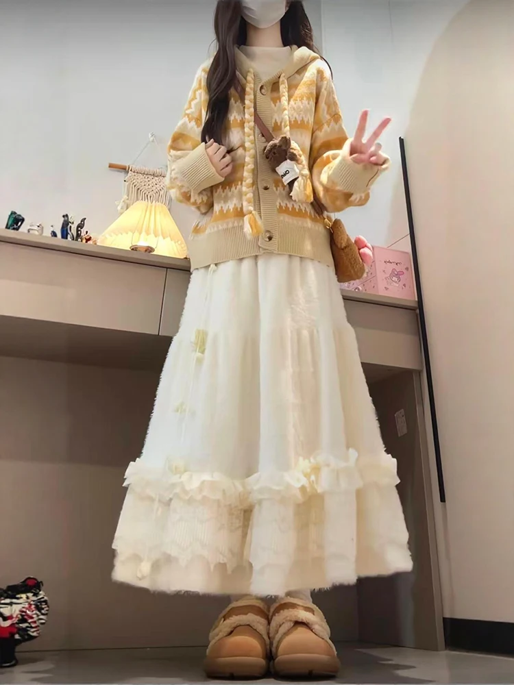 

Winter New Cute Style Knitted Open Cardigan Lace Half Skirt Set plus Size Warmth Fashionable Two-Piece Ensemble for Women