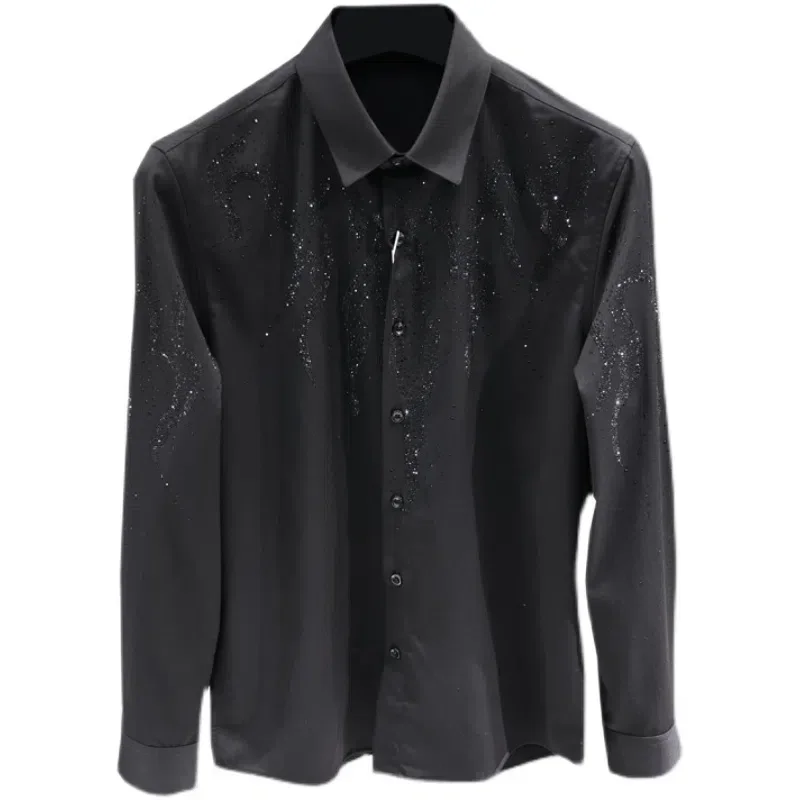 Hot Diamond Mannen Shirt, Zwart Revers Button Shirt, Koreaanse Mode Chegn 'S, lente En Herfst Herenkleding Streetwear