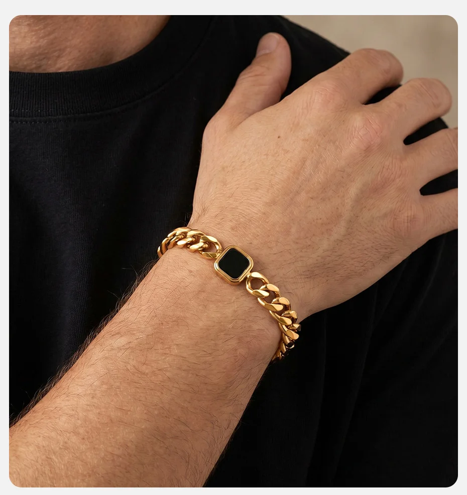 Vnox Herren-Armband mit quadratischem Anhänger, kubanische/Figaro-Kette, Edelstahl, gold- und silberfarben, verstellbar, Punk-Schmuck, Geschenke für Ihn – Detail 2