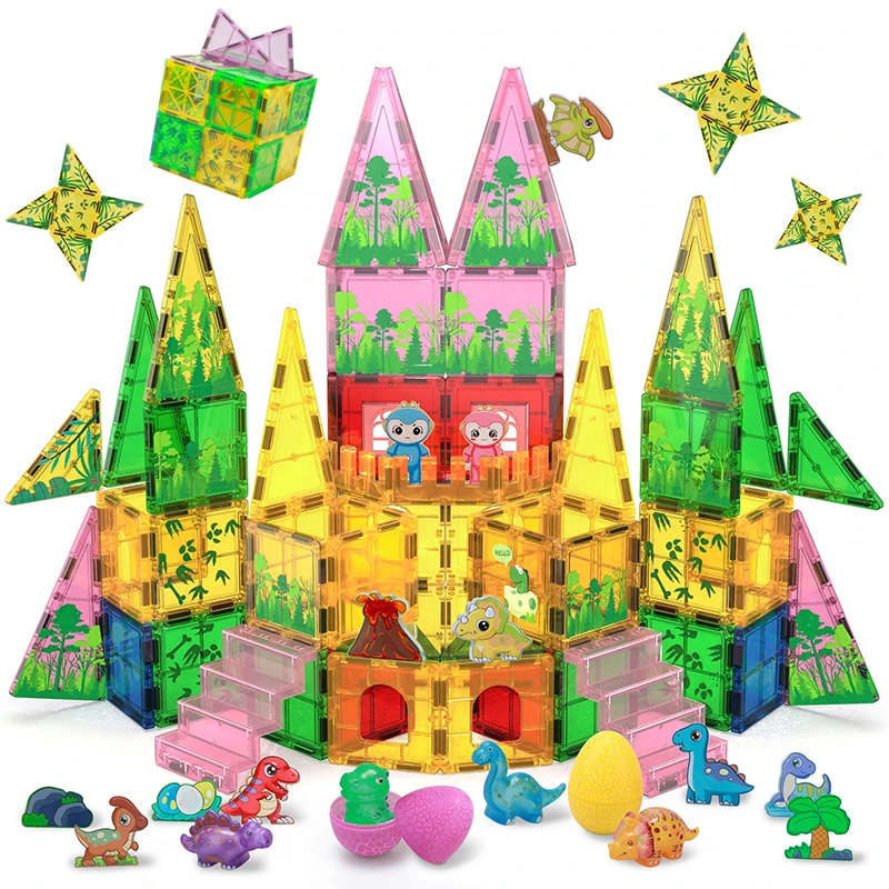 恐竜の森テーマ マグネットタイル 61ピース 恐竜マグネットタイル 組み立ておもちゃ 子供 男の子 女の子 STEM学習玩具 誕生日プレゼント