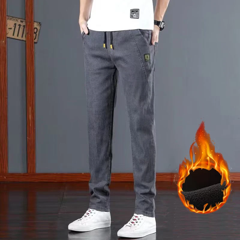 Men\'s Comfortable Business Casual Denim Pants Basic Plush Thermal Straight Leg Trousers Elastic Waist Lace Up Thicken Jeans Male
