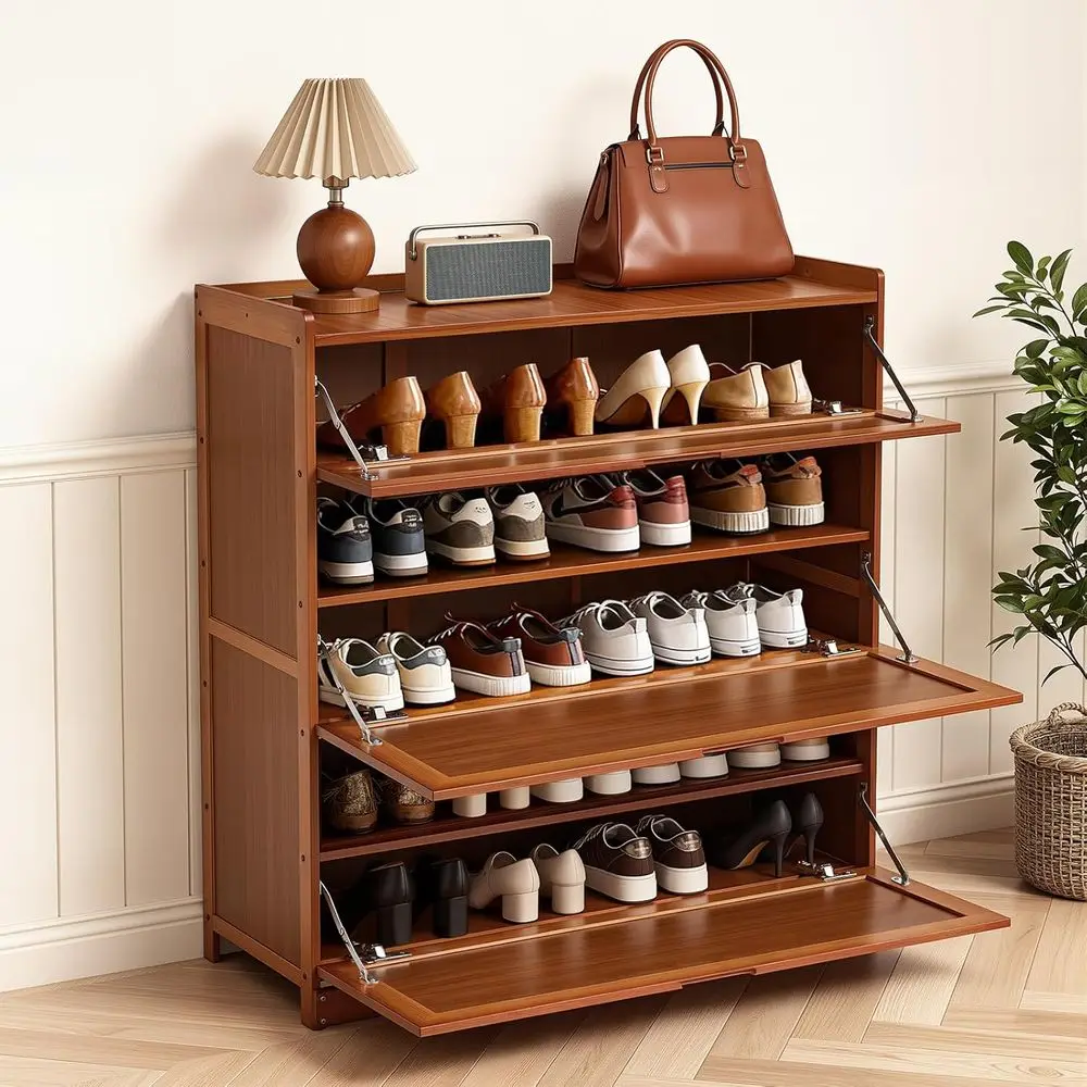 5-Tier Shoe Storage Cabinet with Pull-Down Door, Space-Saving Organizer for Entryway/Hallway, Brown, 80x33x85cm