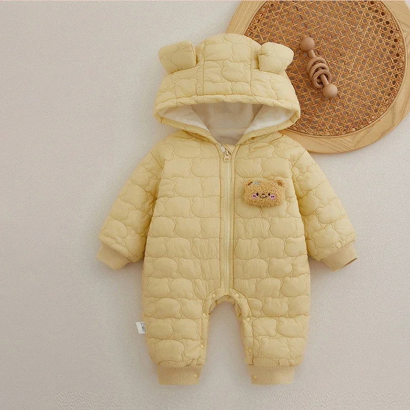 Autumn Winter Baby Thick Jumpsuit Newborn Clothes 0-2Y Infant Boys Fur Lining Romper Girls Cute Cartoon Bear Hooded Outwear