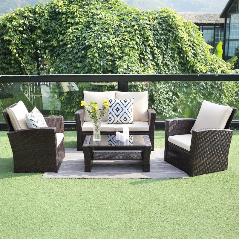 4 Piece Patio Furniture Sets, All-Weather Wicker Conversation Sets, Outdoor Rattan Sectional Sofa Chair with Cushions and Coffee