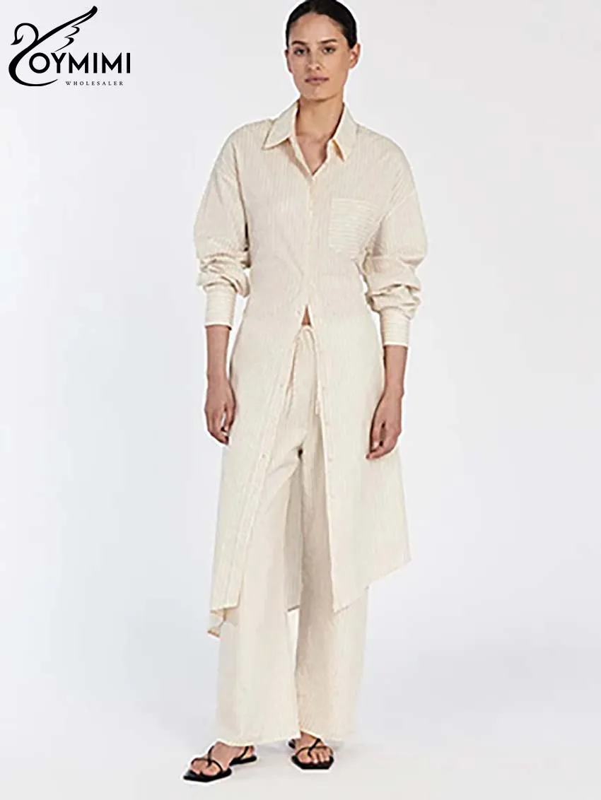 Oymimi Elegant Apricot Print Sets For Women 2 Pieces Fashion Long Sleeve Pockets Lace-Up Button Robe And Drawstring Pants Sets
