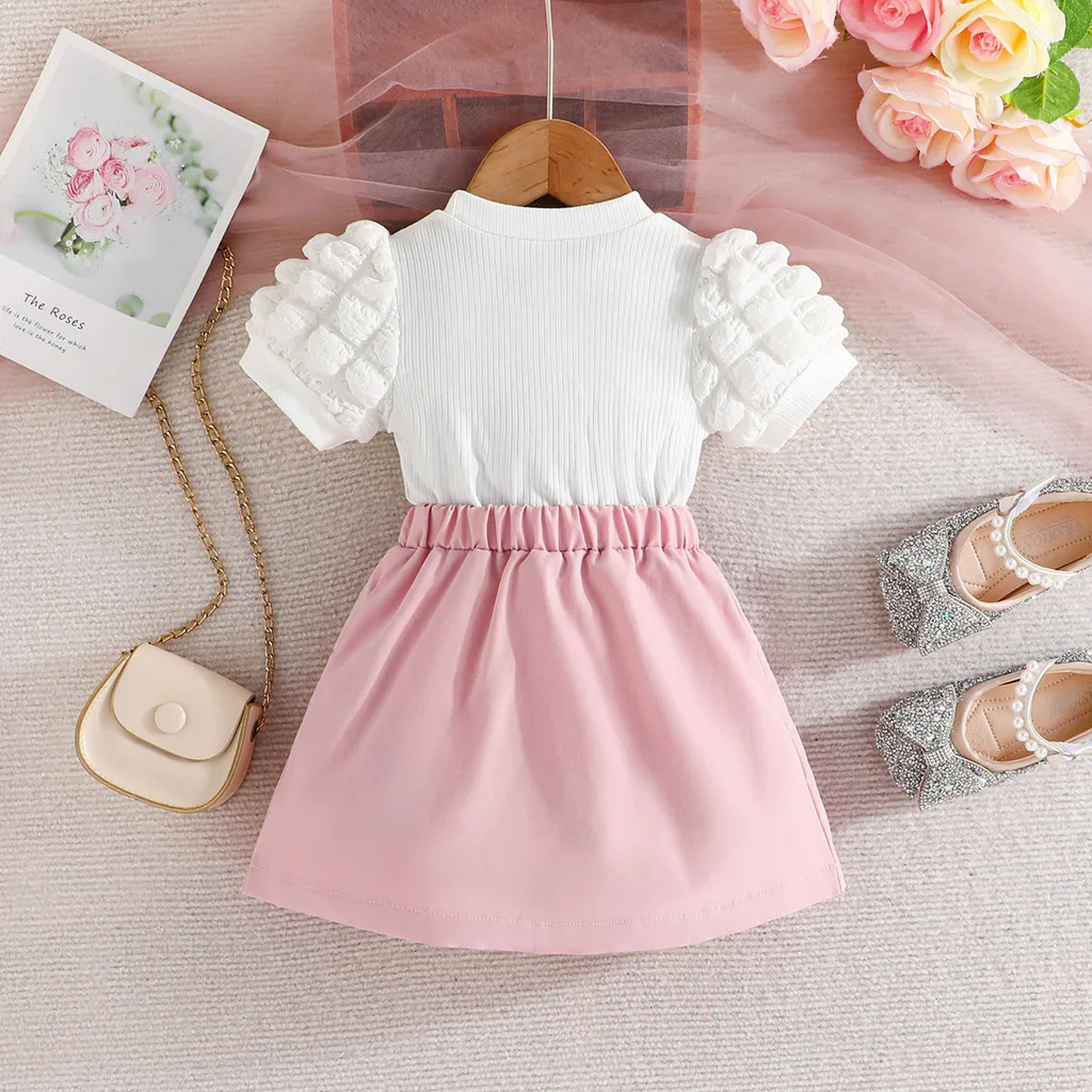 Terno For Kid Girl Puff Sleeve Blouse and Elastic Skirt Summer Outfit Toddler Infant Clothing Set Kids Wear Ootd For Baby Girl