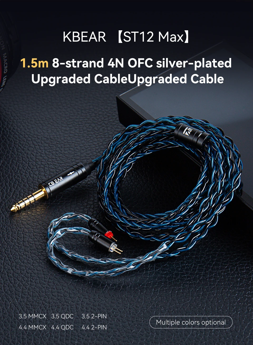 KBEAR ST12 Max IEM-Kabel 1,5m 8-adriges OFC Versilbertes Kabel für Kopfhörer 2PIN/QDC/MMCX Ohrhörer-Anschluss für KBEAR KZ ZS12 PROX – Detail 1