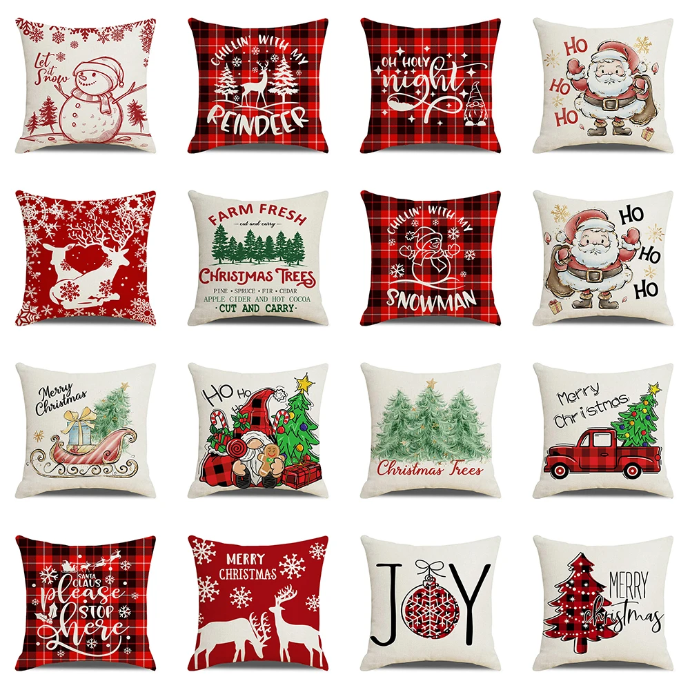 1 piece of Christmas decoration pillowcase Santa Claus dwarf Christmas tree red plaid printed cushion suite room home decoration