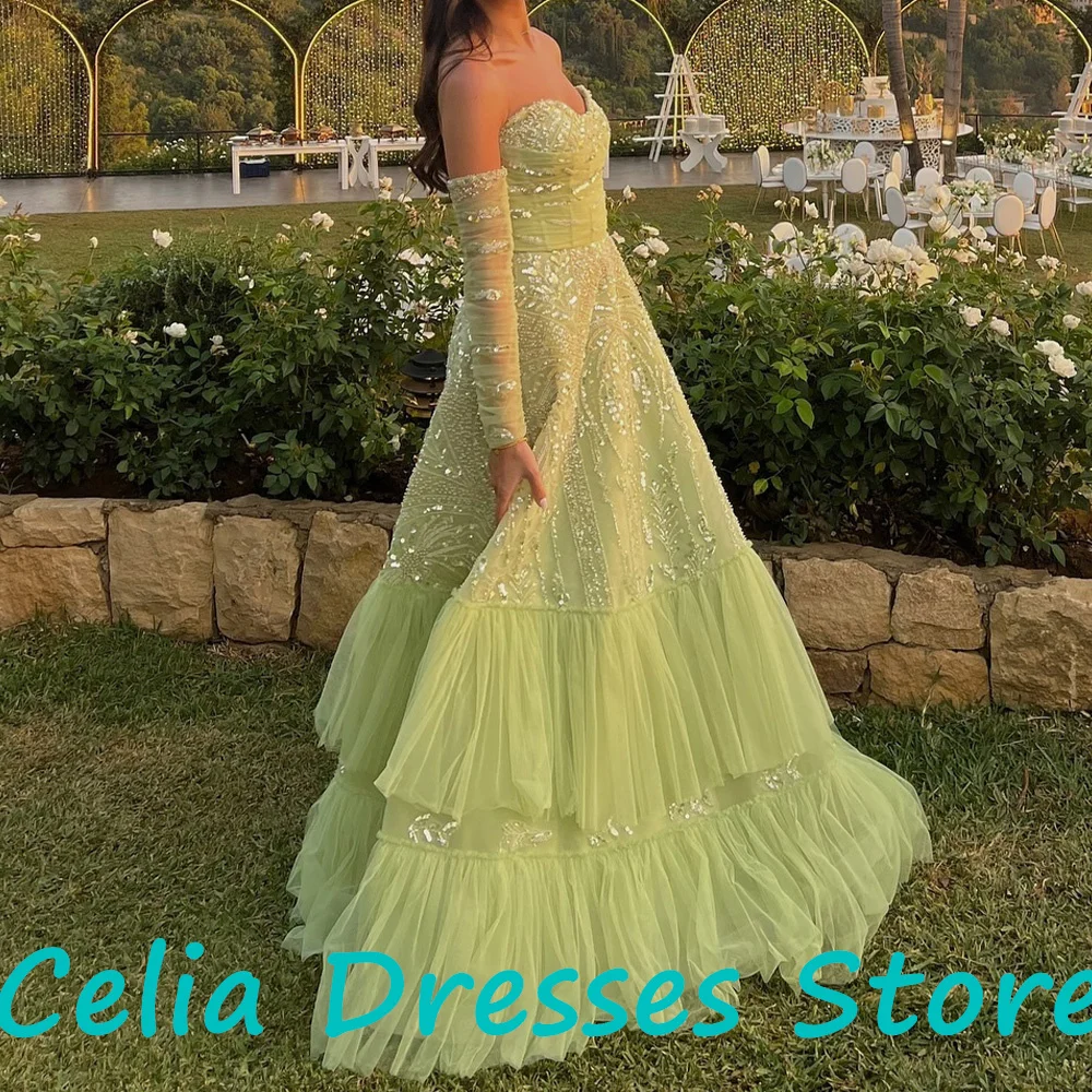 Bespoke Occasion Gowns Off the Shoulder 3/4 Sleeves Tulle Floor Length Sweep Train Solid Green Crystal Special Occasion Gowns