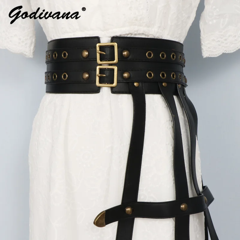 

Motorcycle Double Breasted Irregular Hollow-out Waist Seal JK Uniform Dress Decorative Women's Black Cummerbunds Belt Ladies