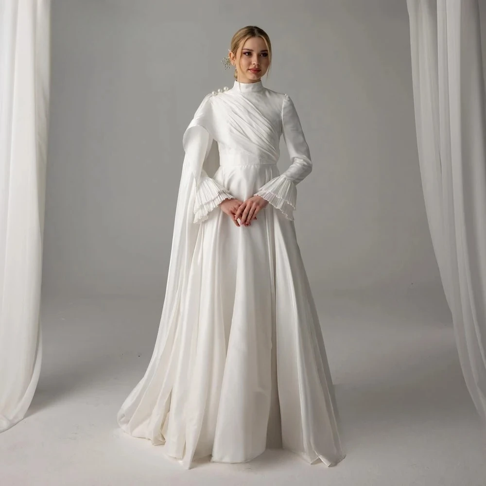 

Modest Muslim Wedding Dresses High Neck Pleat Pearl Floor Length Bridal Gowns with Shawl Long Sleeves Vestido De Noiva