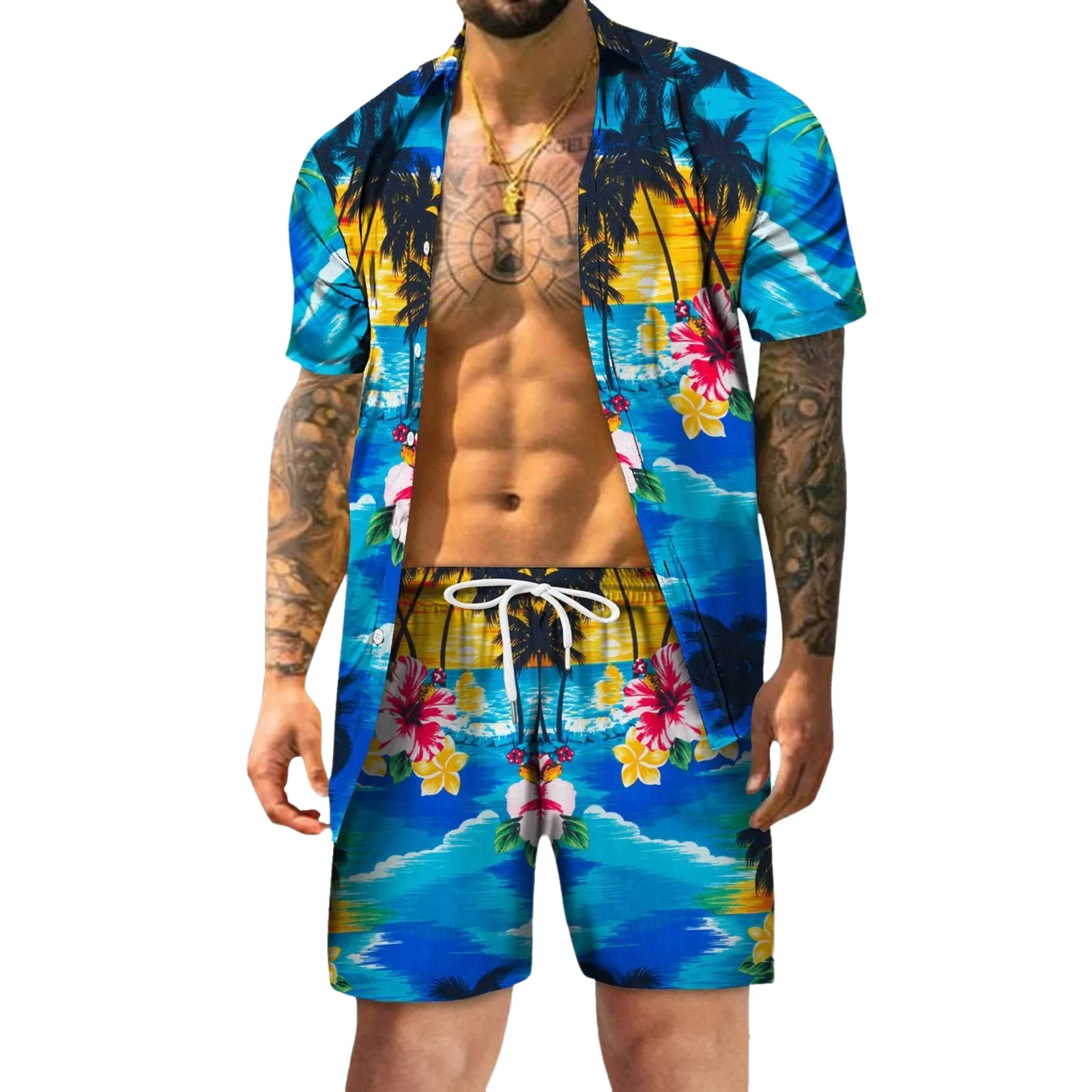 Ensembles de chemises à manches courtes pour hommes, impression 3D, patchwork, revers, décontracté, short de plage, streetwear d'été, olympiques hawaïens