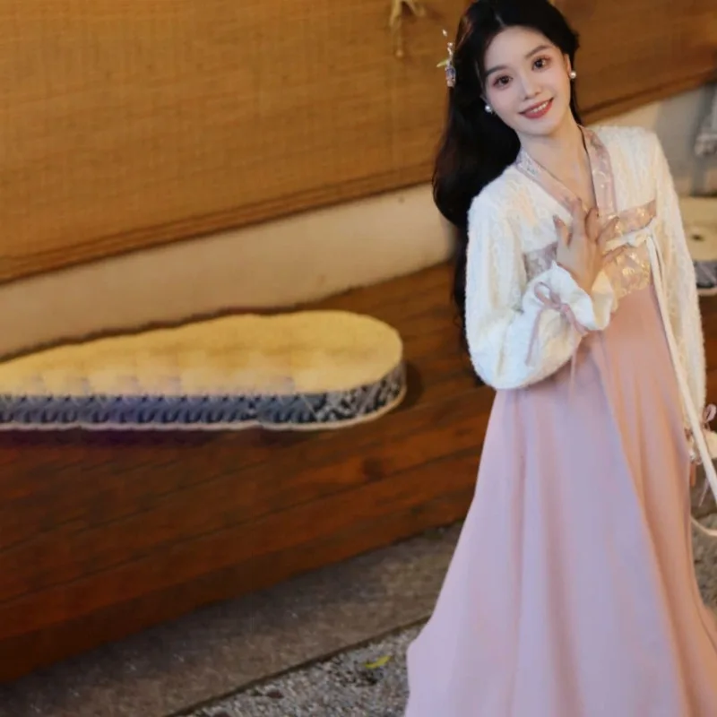 Chinese Traditional Girl Modern Hanfu Dress V Neck Long Sleeved Top Pink Chest Length Dress Elegant Women Evening Dresses