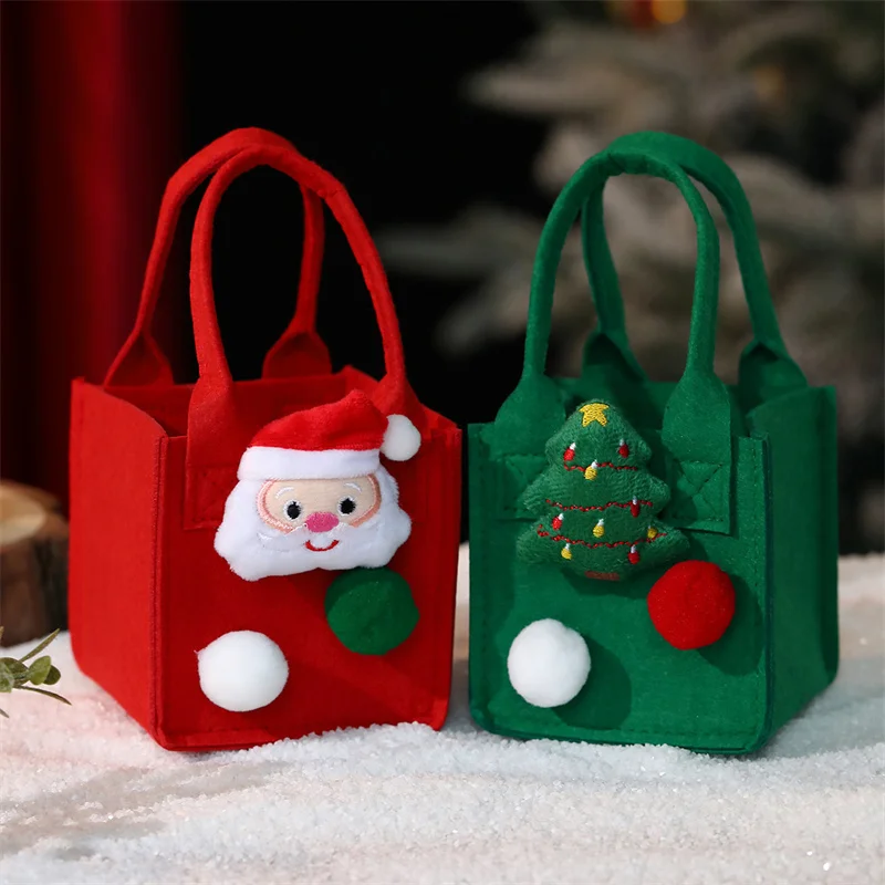 Weihnachts-Einkaufstasche aus Filz, niedliche Weihnachtsgeschenktüten, 2 Designs, wiederverwendbare Weihnachts-Leckerli-Taschen aus rotem und grünem Filz mit Griffen