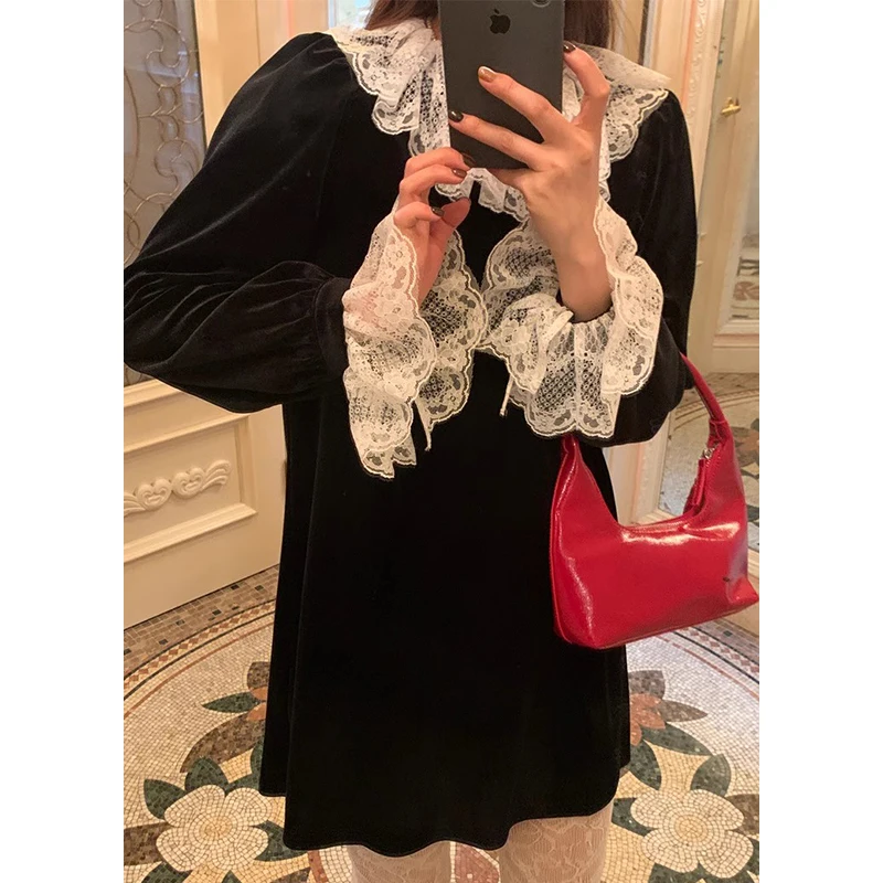 Korejpaa Korean Fashion Black Dress Autumn Elegant Lace Collar Patchwork Velvet Mini Dresses Women Flare Sleeve Vestido De Mujer