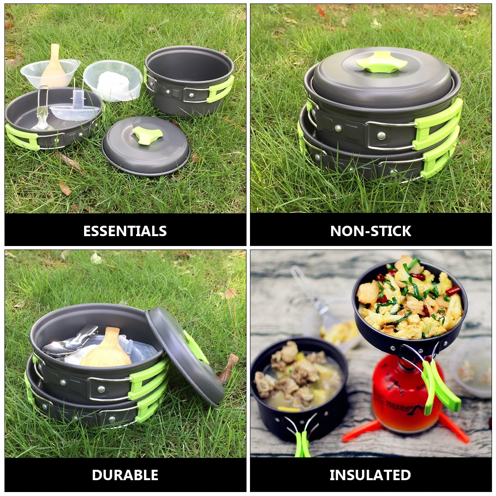 

1-2 Person Outdoor Camping Cookware Set Non-Stick Aluminum Pots Stove Lightweight for Backpacking Picnics Insulated Handles Easy