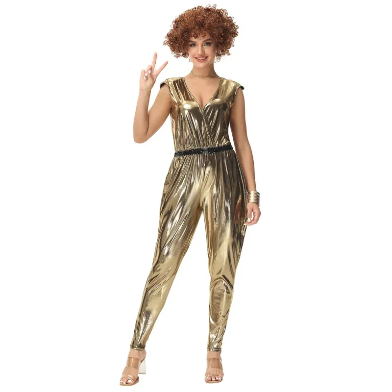 

☆YunCos Gold Vintage 70's Disco Couple Costumes Adult 80's Hippies Costume Suit Men Women Music Festival Party Outfits for Cosp☆