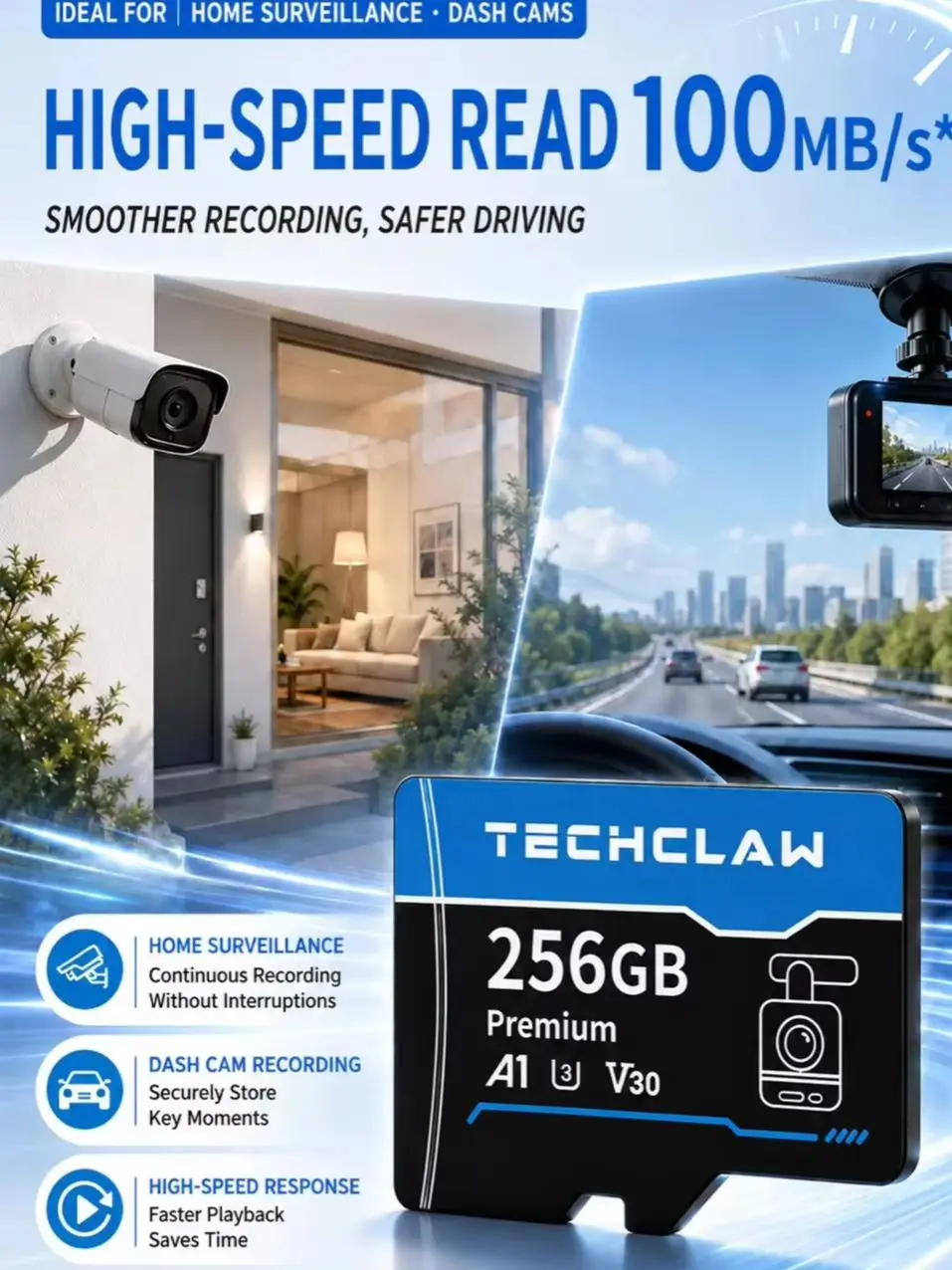 Karta pamięci TECHCLAW 4K Micro SD do kamery samochodowej, kamery bezpieczeństwa, kamery DJI na zewnątrz, U3 A1 V30, szybka karta pamięci TF 32GB/64GB/128GB — 2