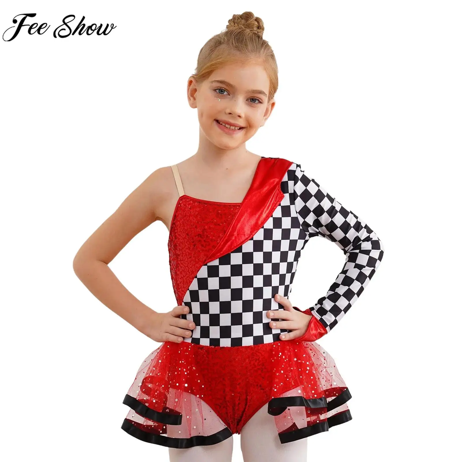 Kids Girls Halloween Party Racer Cosplay Costume Racing Car Driver Bodysuit One Shoulder Checkerboard Sequins Dance Tutu Dress