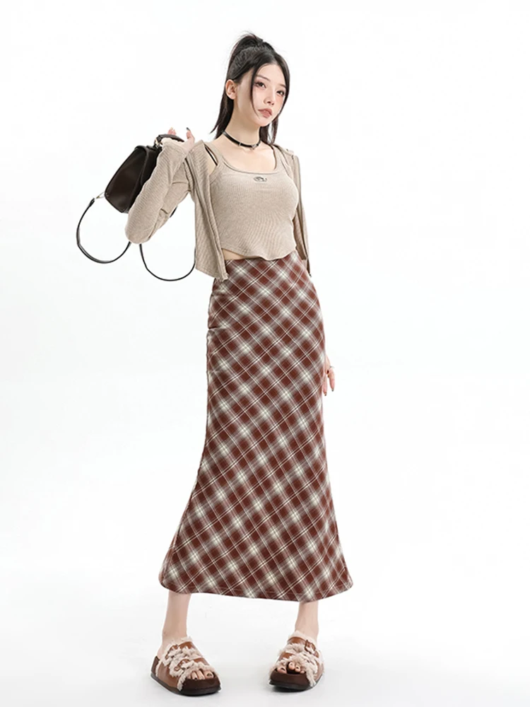 Women French Fashion Plaid Midi 90s Vintage Maillard High Waist Trumpet Mermaid Skirt Fairy Core Design Mori Girl Elegant Tide