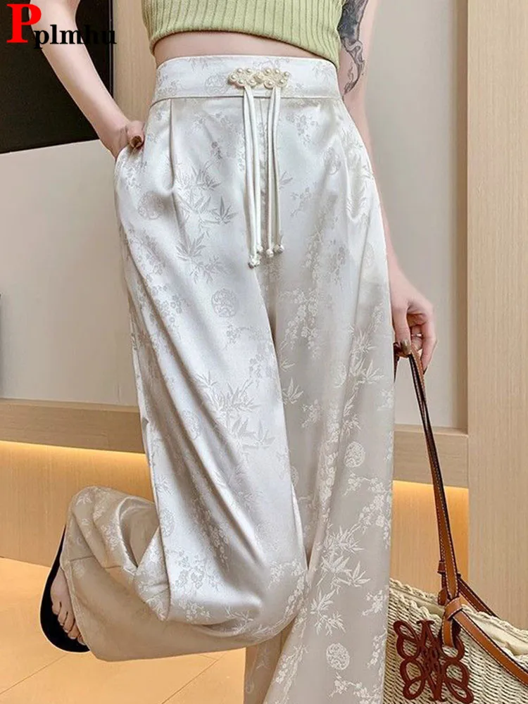 Women Satin Finish Loose Straight Pants Spring Fall Casual High Waist Pantalones 2024 Solid Streetwear Vintage Wide Leg Spodnie