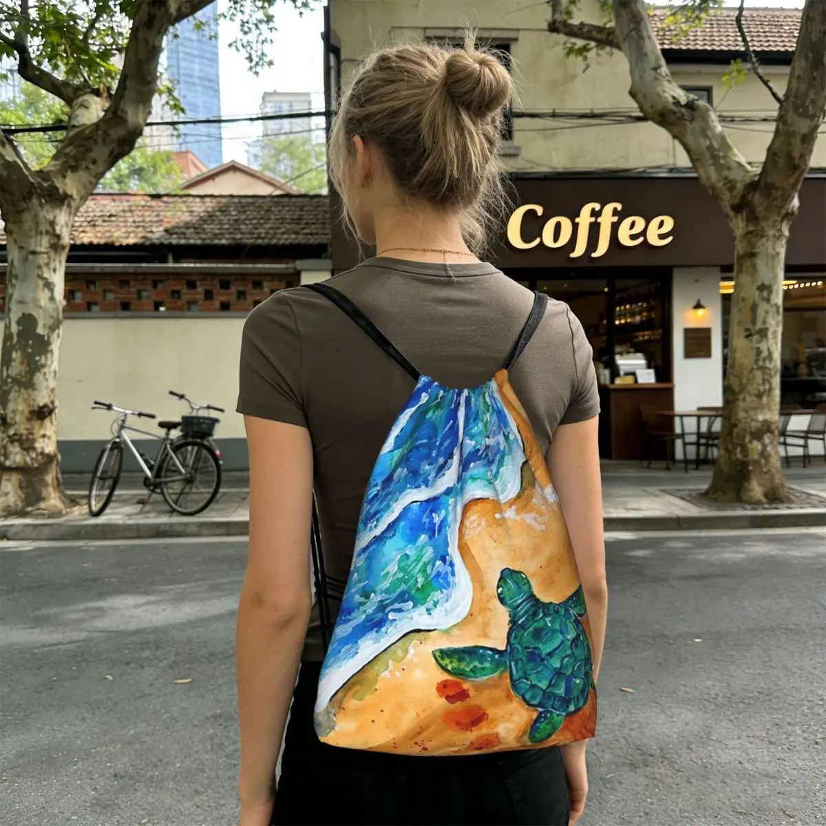 Sea Turtle On The Beach Backpacks Casual Drawstring Bags Shoes Bag Book Bags for Man Woman Students