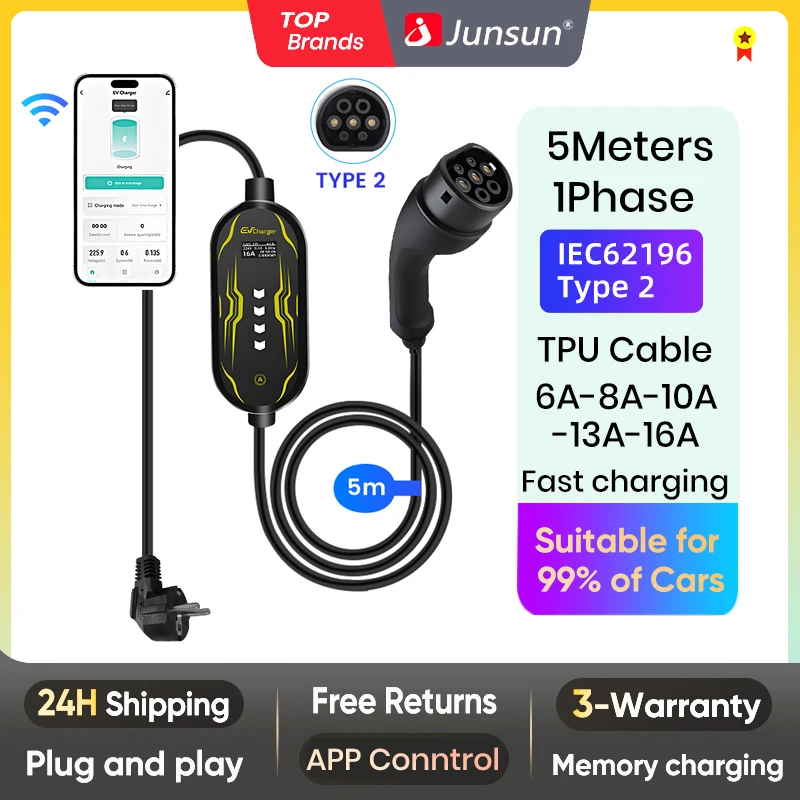 Junsun ev charger App control wallbox IP65 1Phase 7KW 32A 3.5KW 16A Type 2 Car fast charging plug to plug chargeur for tesla