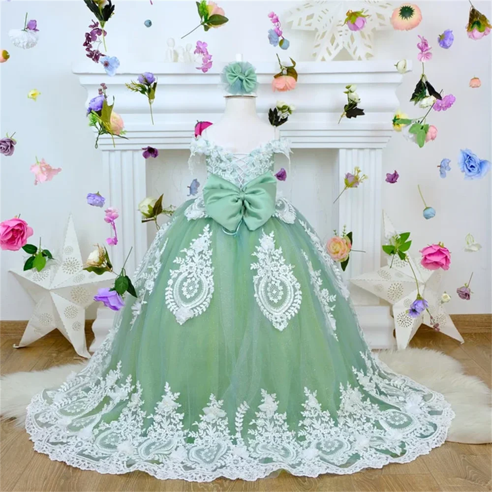 Vestidos de Noche para niña con apliques de encaje blanco y verde menta, vestido de flores para niña, primera comunión, fiesta de graduación de cumpleaños, princesa personalizada