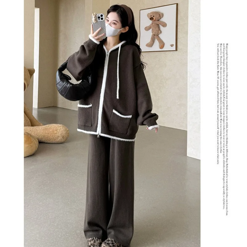 Pantaloni lavorati a maglia Vestito da donna Autunno allentato Colore a contrasto Cerniera con cappuccio Maglione pigro Pantaloni a gamba larga Inverno 2025 Nuovo set a due pezzi