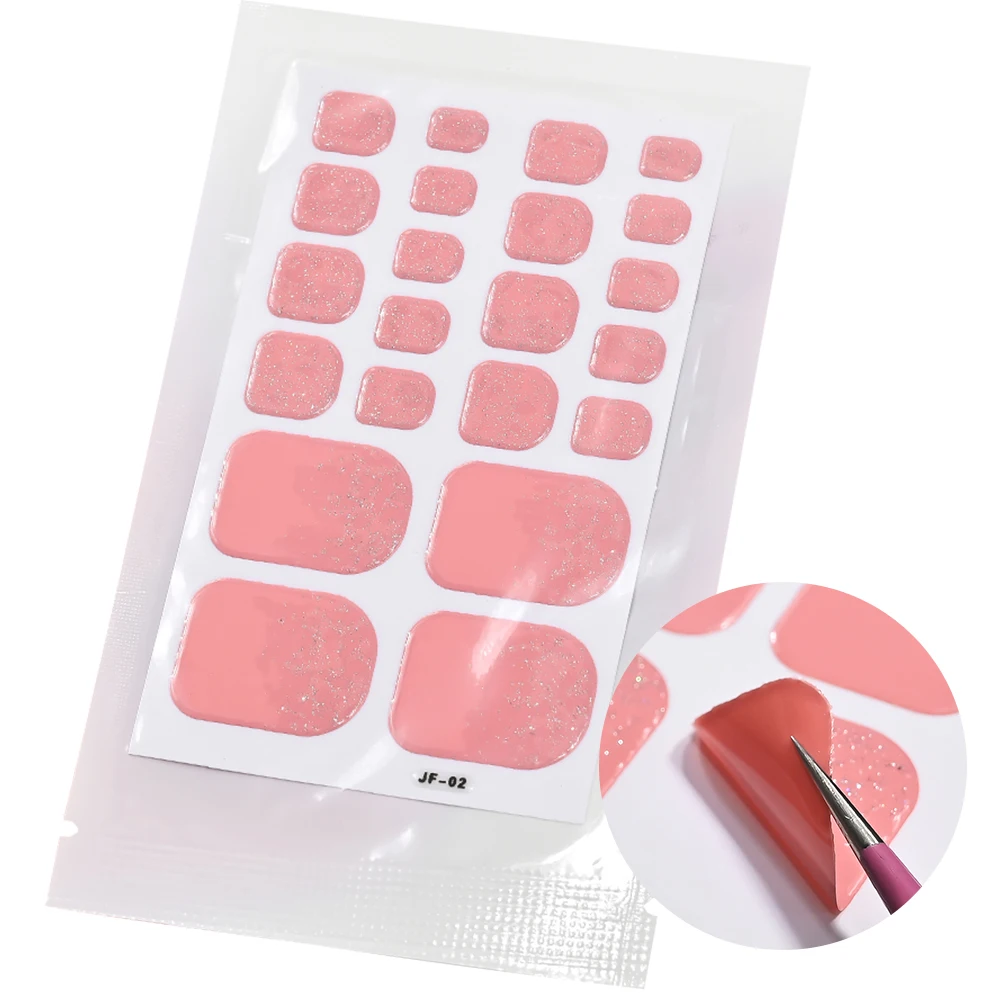 22tips Glitter Toe Nail Sticker Wraps Adhesive Decals Toenail Polish Strips Patch Women Solid Color Full Cover DIY Foot Sliders