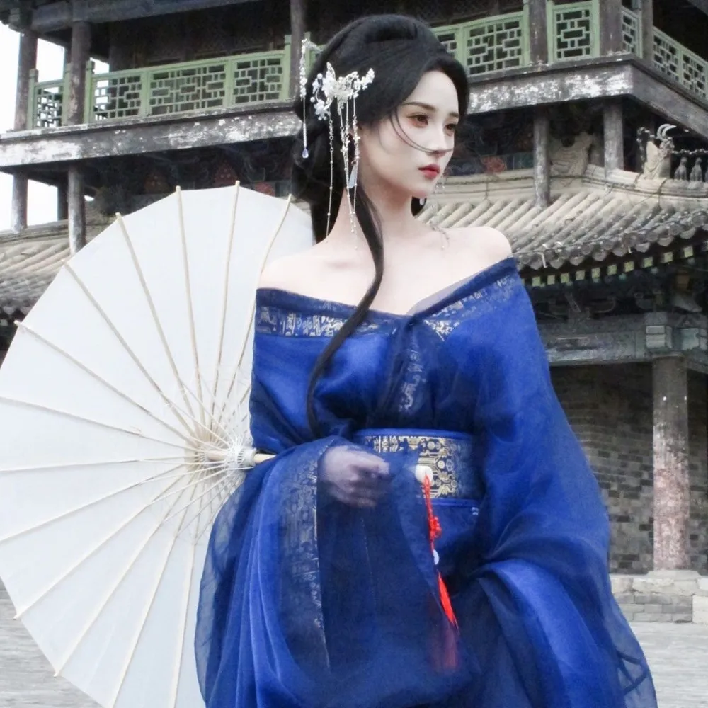 Double-layer Blue Hanfu Costume For Women Beautiful Ancient Chinese Robe Retro Studio Photography Clothing