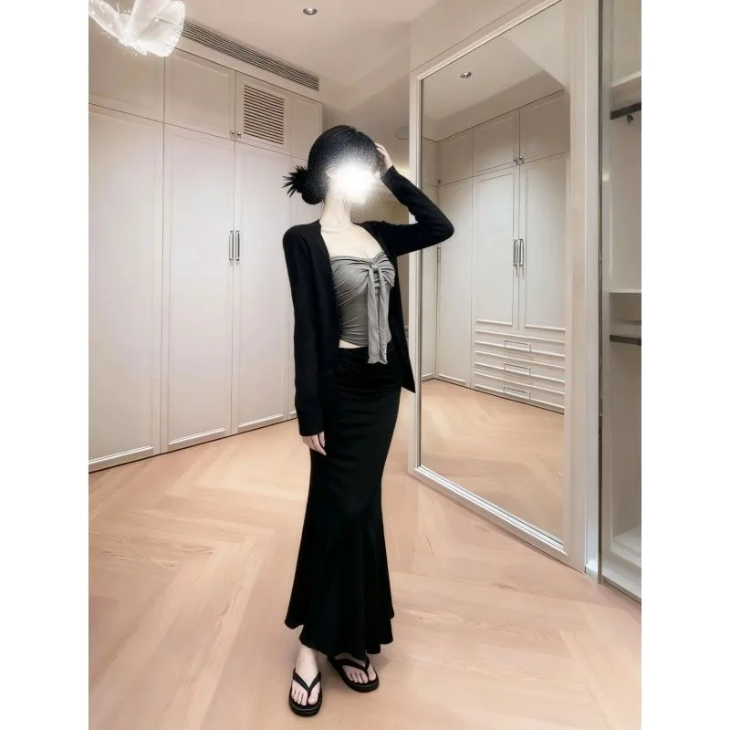 Chic Early Autumn Long Sleeve Cardigan  Knot Tube Top Skirt Set Women's Sun Protection Three-Piece Suit Spicy Style