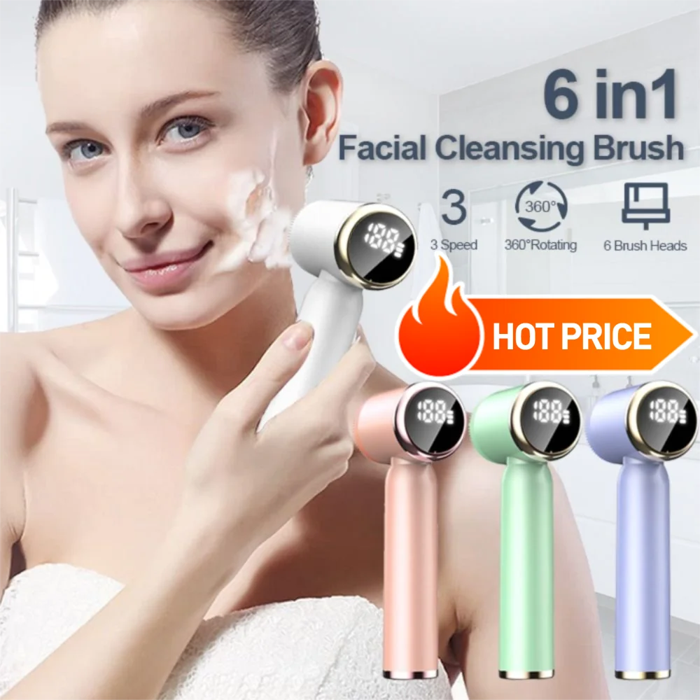 6 in 1 Spazzola elettrica per la pulizia del viso Impacco caldo freddo 360 Rotante Sonic Detergente esfoliante per il viso Rimozione dell'acne comedone