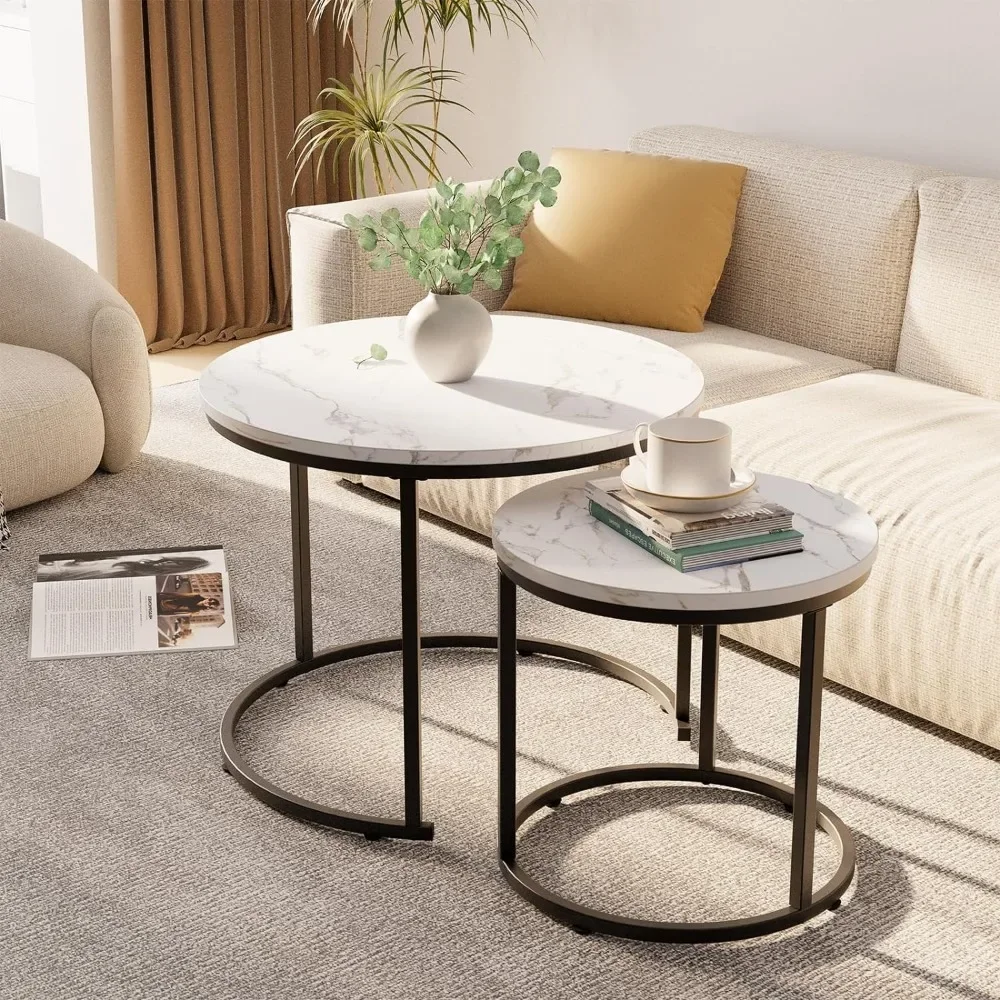 Round Nesting Coffee Table Side Set of 2 End Tables for Living Room,White Faux Marble Wooden Table Accent Steel Coffee Tables