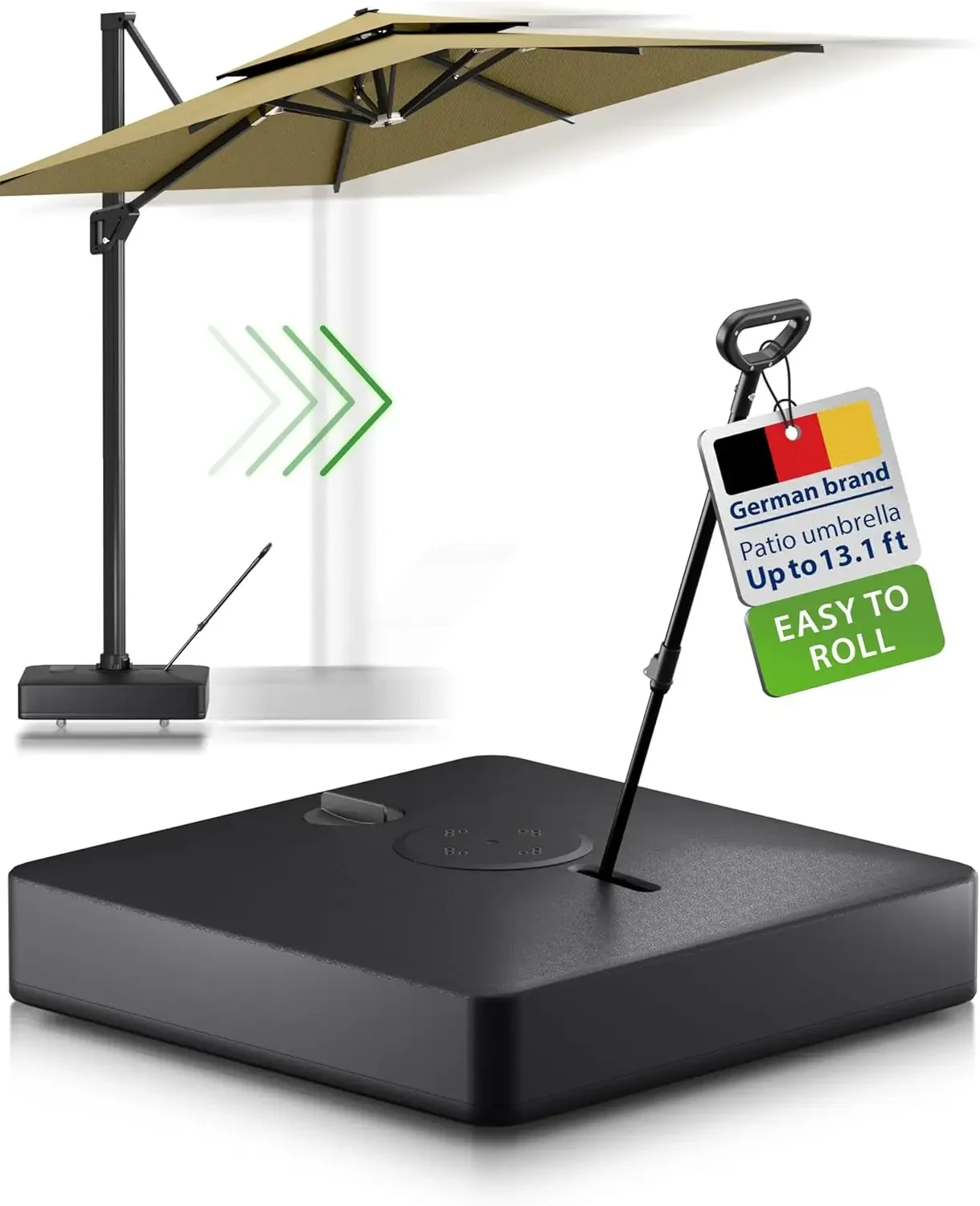 

Offset Umbrella Base with Wheels, 33" X 33" X 7.5", 350 lbs, Heavy Duty, Fillable with Sand Or Water, Black, Patio